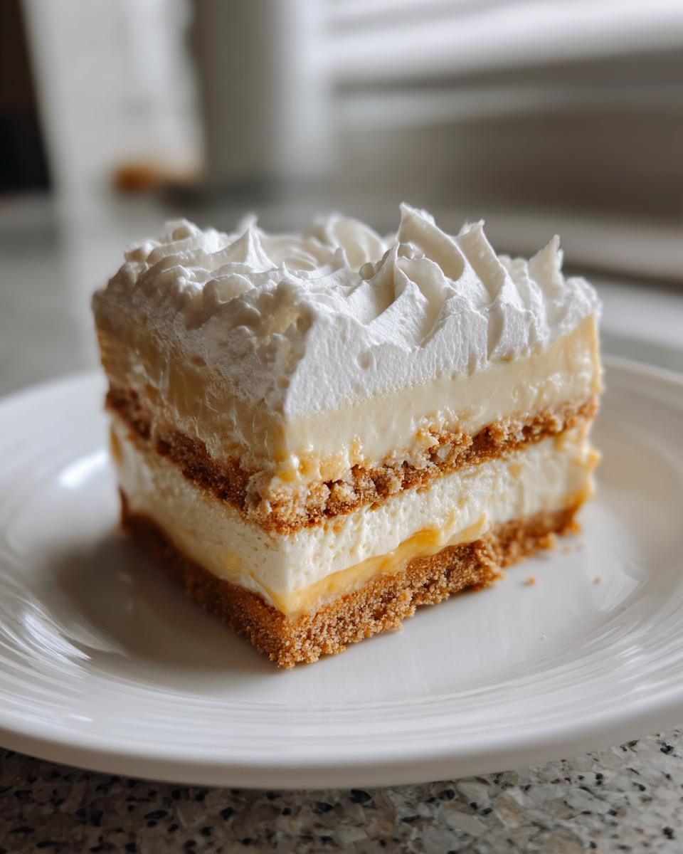 A slice of no bake pecan pie lasagna with layers of creamy filling and graham cracker crust, topped with whipped cream.