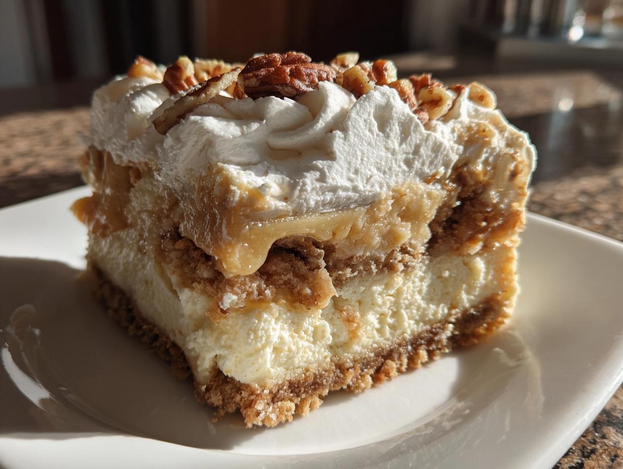 A decadent slice of no bake pecan pie lasagna, featuring layers of creamy filling, pecan crumble, and whipped topping.