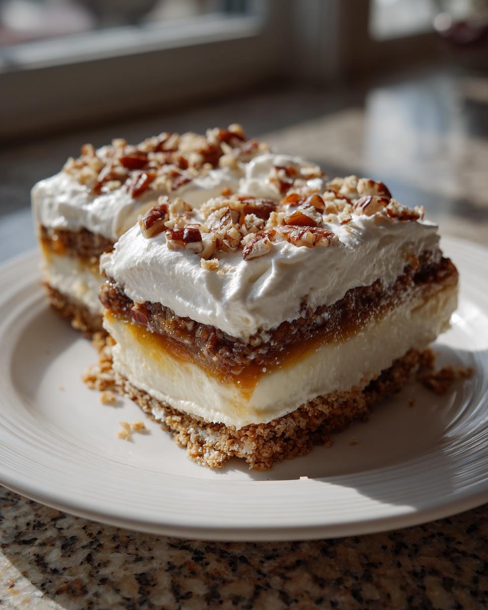 Two slices of no bake pecan pie lasagna topped with whipped cream and chopped pecans.