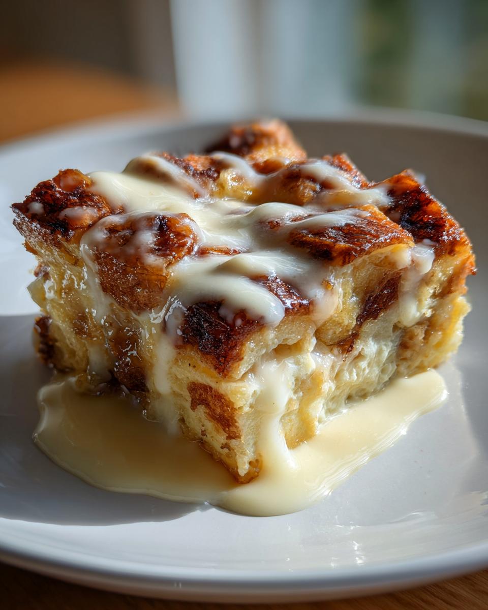 A slice of old-fashioned bread pudding, golden brown and topped with a generous drizzle of creamy sauce.