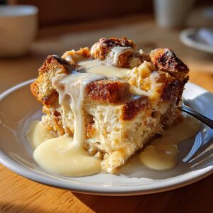A generous slice of old-fashioned bread pudding, topped with a rich, creamy sauce, served on a white plate.