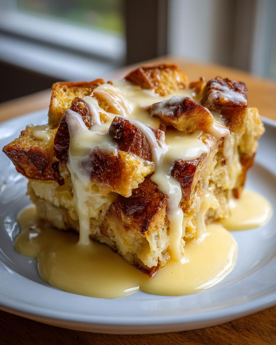 A generous slice of old-fashioned bread pudding, topped with a rich, creamy sauce.