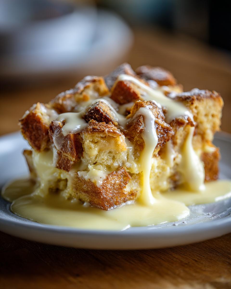 A generous serving of old-fashioned bread pudding, topped with a luscious vanilla sauce and a dusting of powdered sugar.
