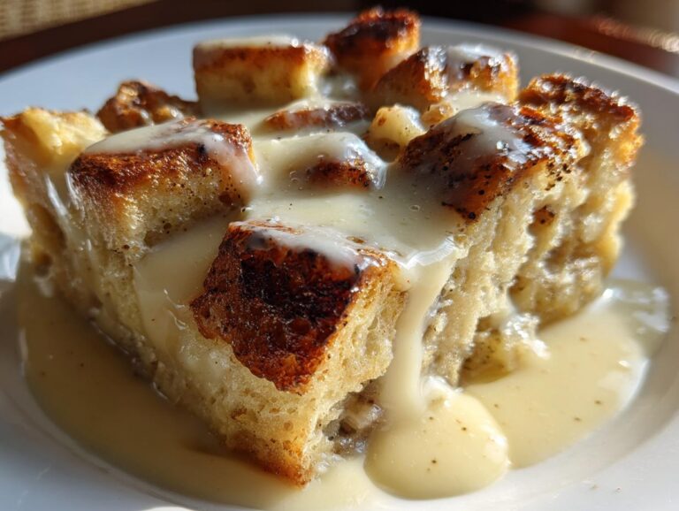 A close-up of a slice of old-fashioned bread pudding generously drizzled with a creamy vanilla sauce.