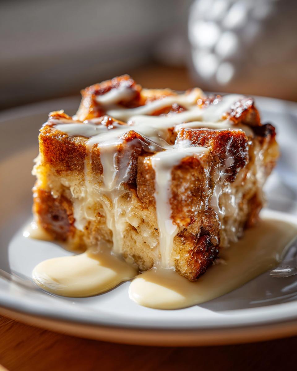 A close-up of a delicious slice of old-fashioned bread pudding drizzled with creamy sauce.