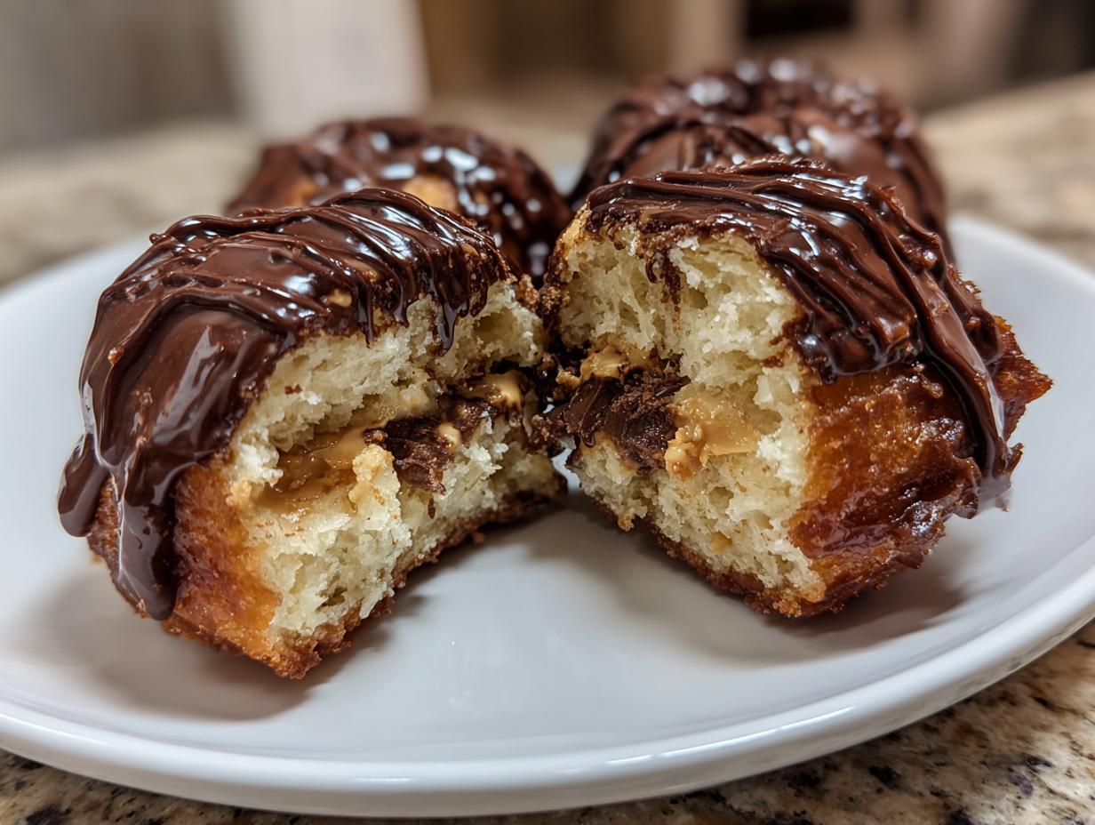Close-up of a peanut butter cup stuffed donut, split in half, revealing creamy peanut butter and chocolate filling.