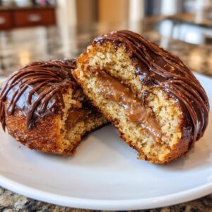 Close-up of a peanut butter cup stuffed donut, cut in half, revealing a creamy peanut butter filling and chocolate drizzle.
