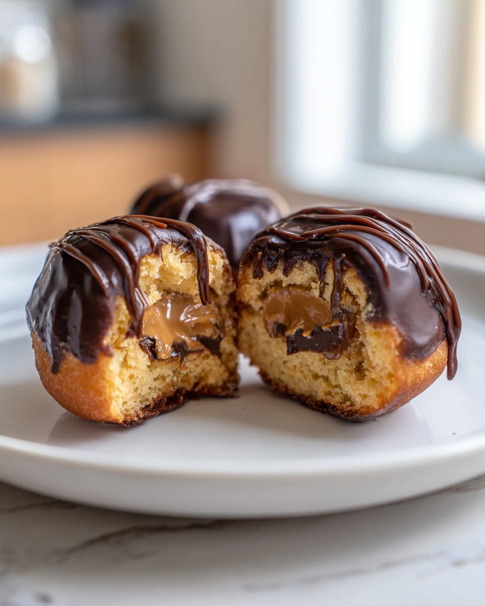 A close-up of two peanut butter cup stuffed donuts, one cut in half to reveal the gooey peanut butter filling.