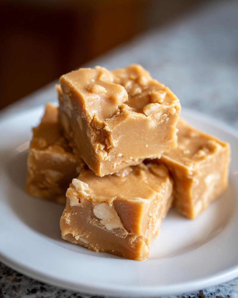 Close-up of creamy peanut butter fudge pieces with visible chunks of peanuts on a white plate.