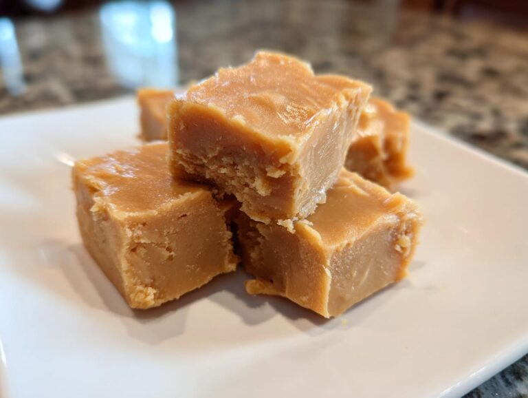 A stack of creamy peanut butter fudge pieces on a white plate, showcasing their smooth texture.
