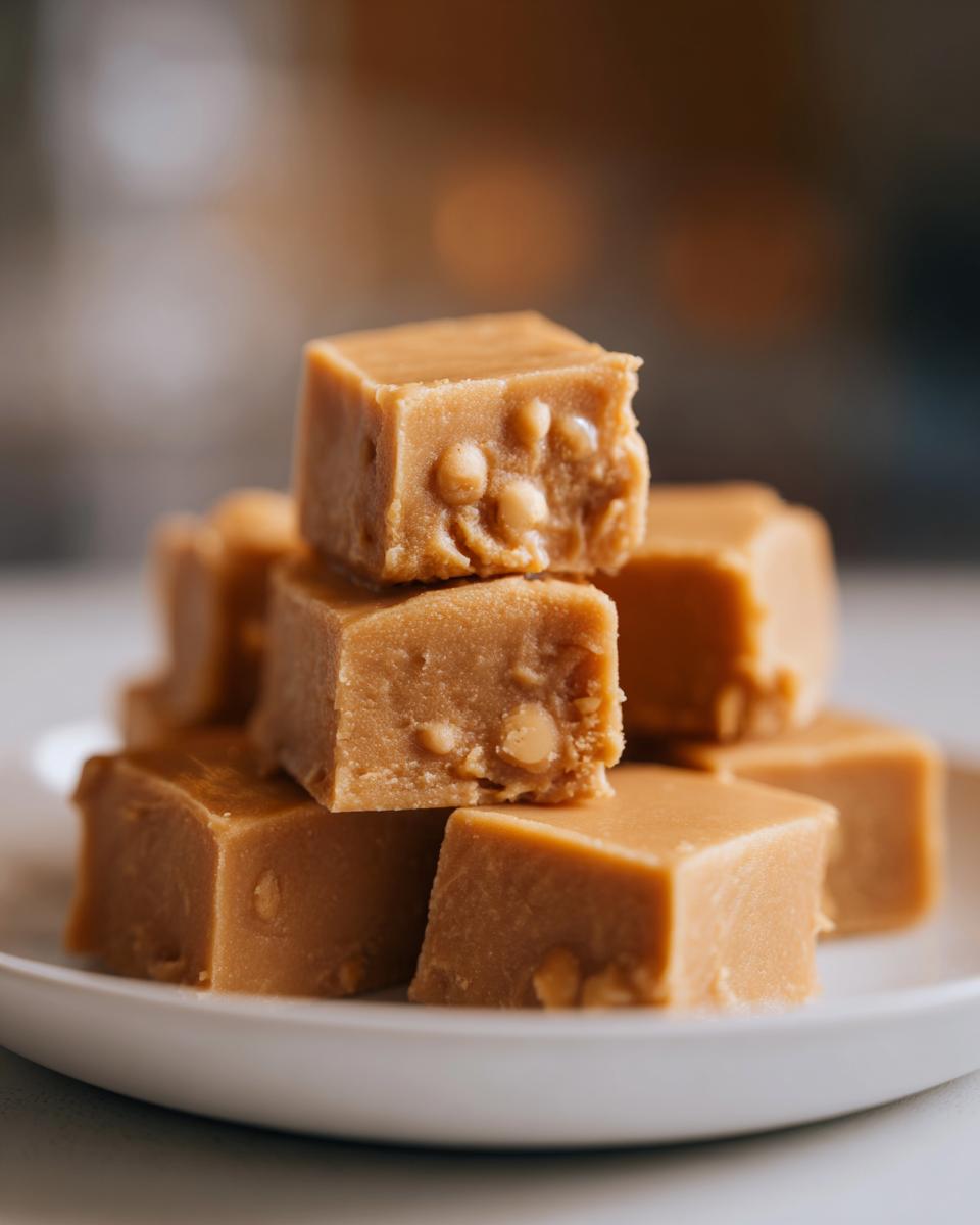 A stack of creamy peanut butter fudge squares, some with visible peanut pieces, on a white plate.