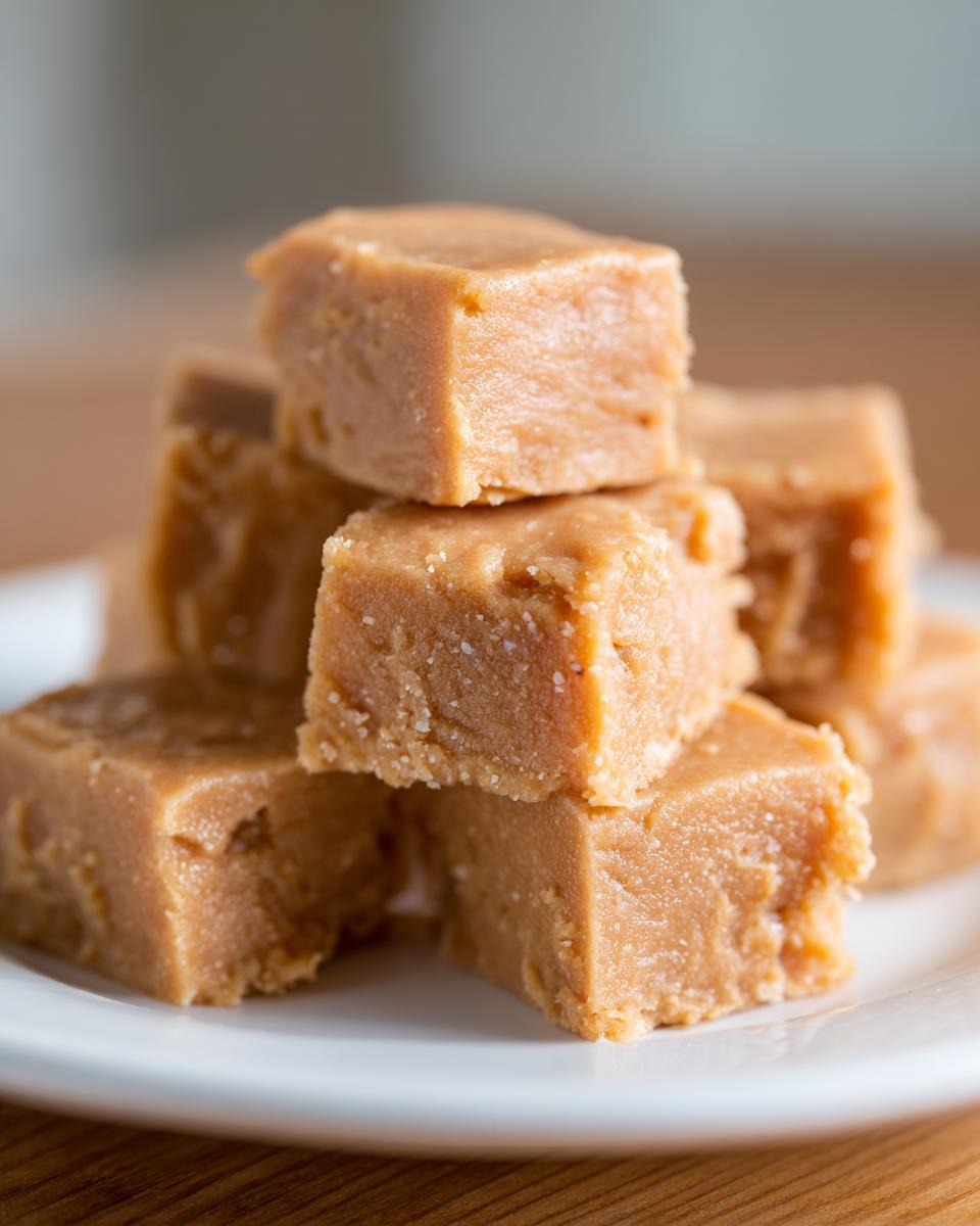 A stack of creamy peanut butter fudge squares, lightly dusted with salt crystals.