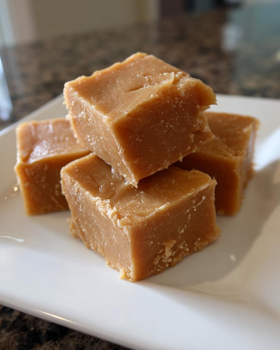 A close-up of creamy peanut butter fudge squares stacked on a white plate.