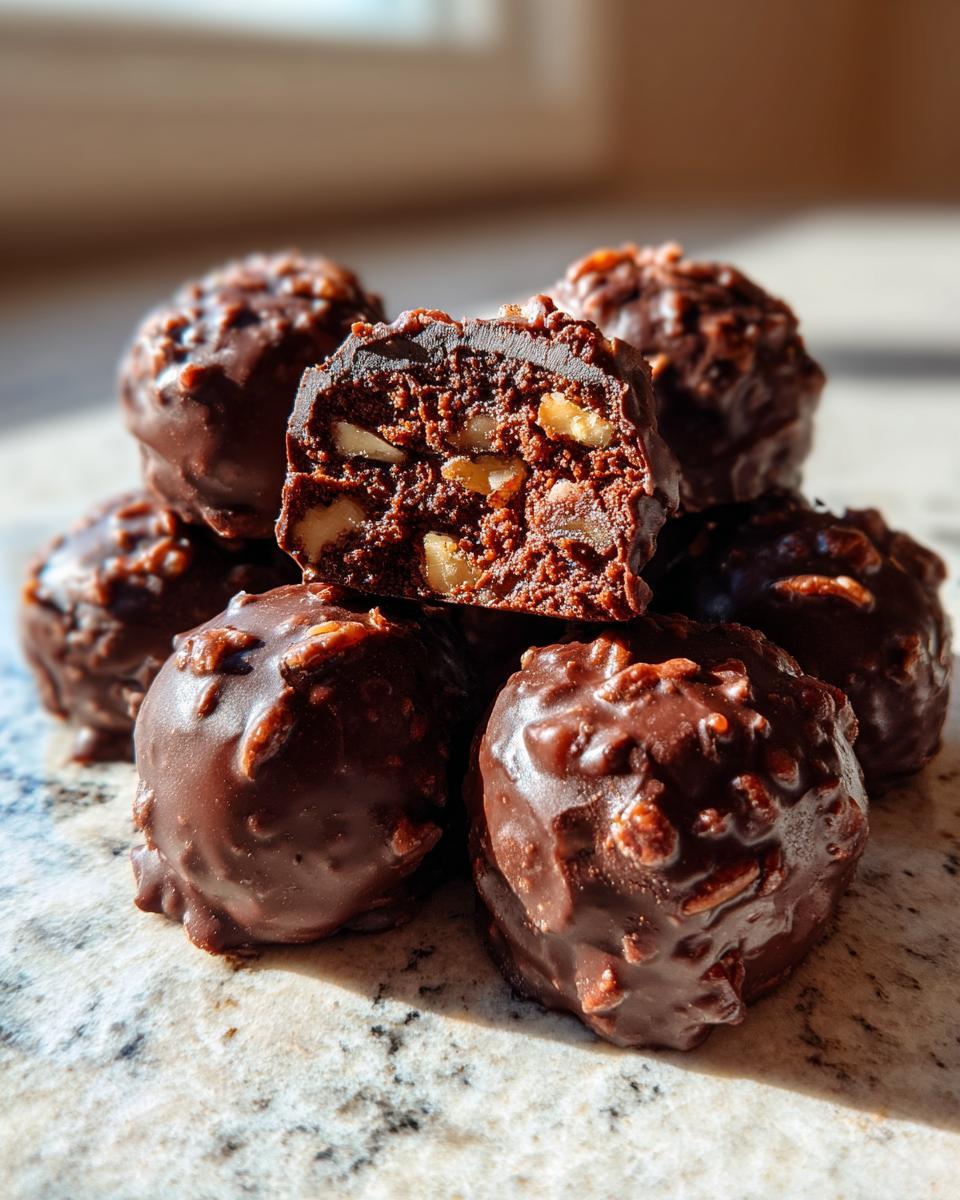A close-up of a stack of chocolate-covered pecan pie brownie bombs, with one cut open to reveal the rich brownie and pecan filling.