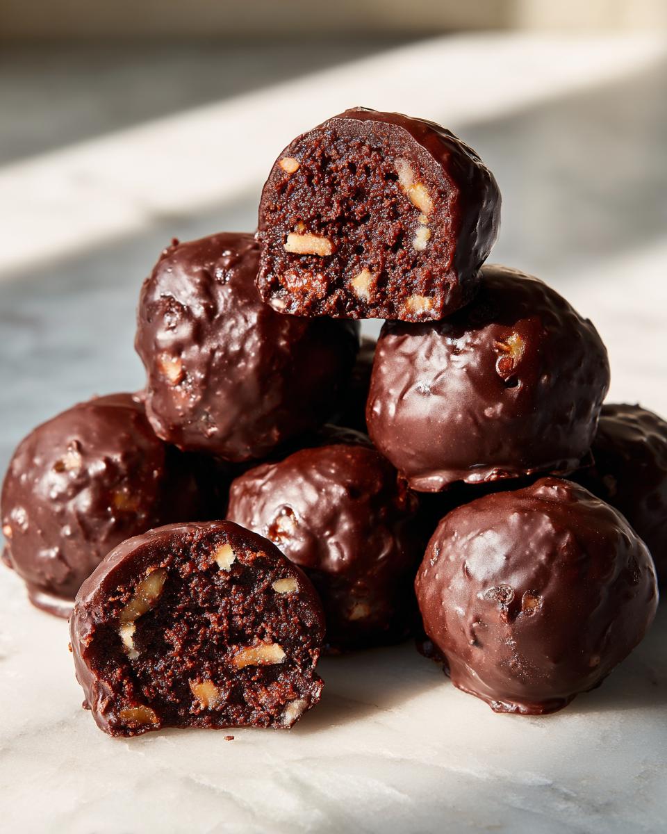 A close-up of chocolate-covered pecan pie brownie bombs, with one cut in half to show the rich brownie interior with pecans.
