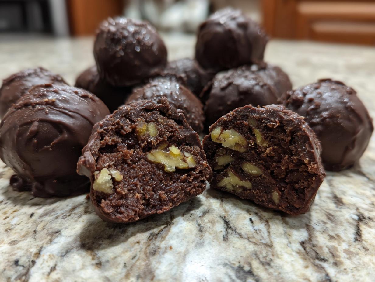A close-up of delicious pecan pie brownie bombs, one cut in half to reveal rich chocolate brownie and crunchy pecans.