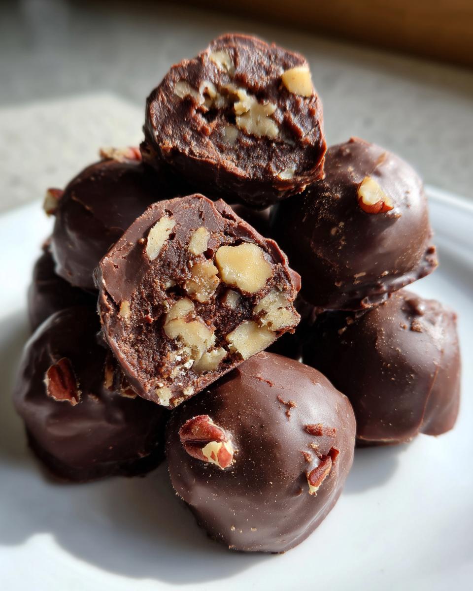 Close-up of chocolate-covered pecan pie brownie bombs, one cut open to reveal nuts and brownie interior.