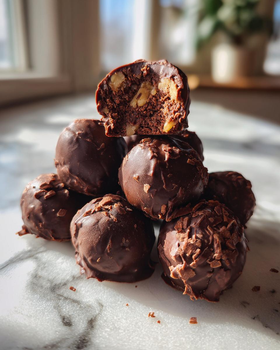 A stack of chocolate-covered pecan pie brownie bombs, with one cut in half revealing the fudgy interior and chopped pecans.