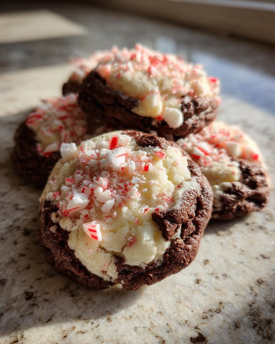 Close-up of delicious chocolate peppermint cheesecake cookies topped with white cheesecake frosting and crushed candy canes.