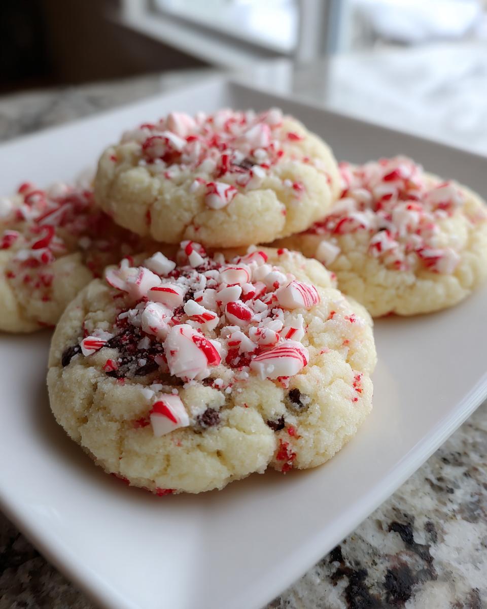 Close-up of delicious peppermint cheesecake cookies topped with crushed candy canes and chocolate chips.