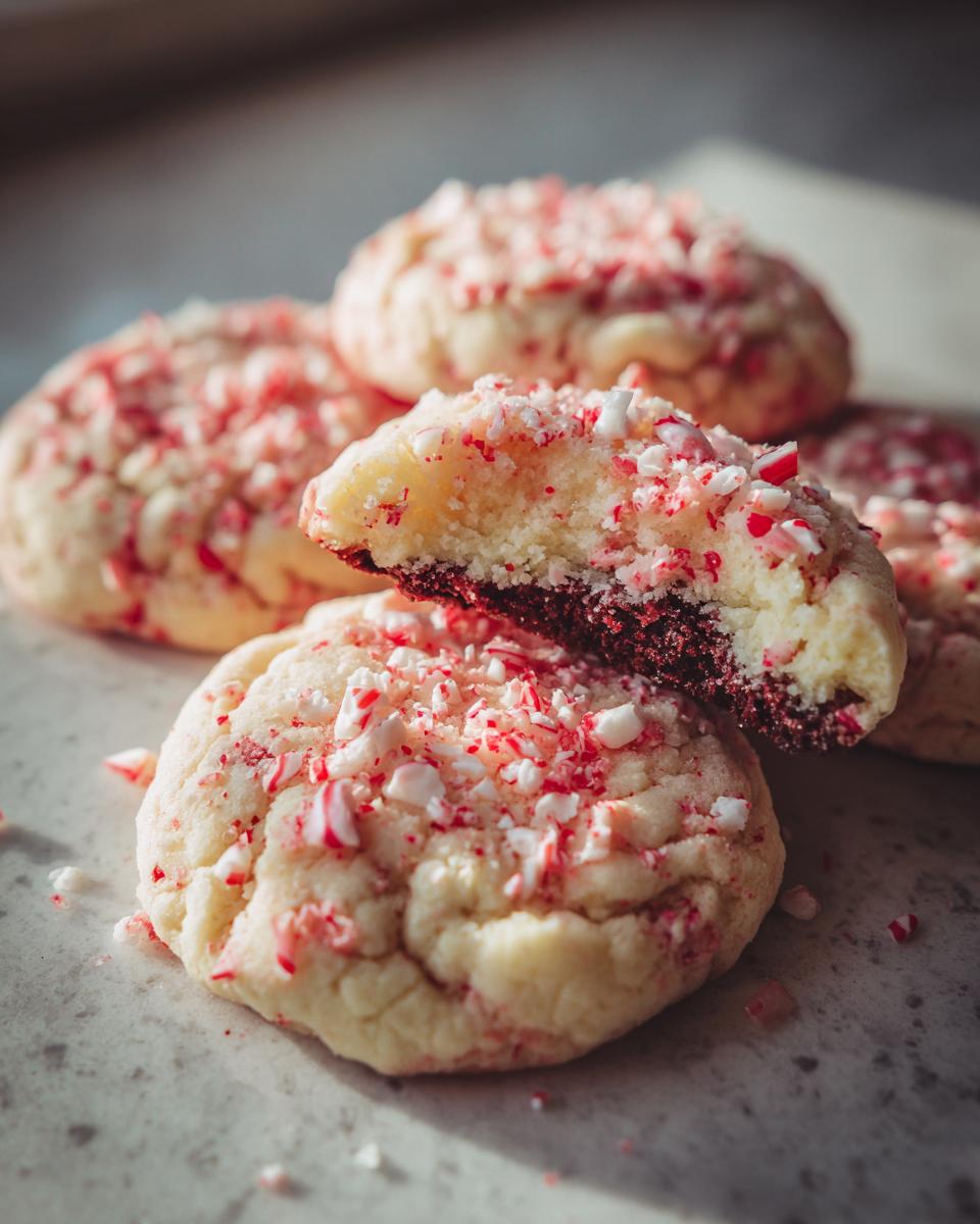 Close-up of delicious peppermint cheesecake cookies topped with crushed candy cane, one cookie broken in half.