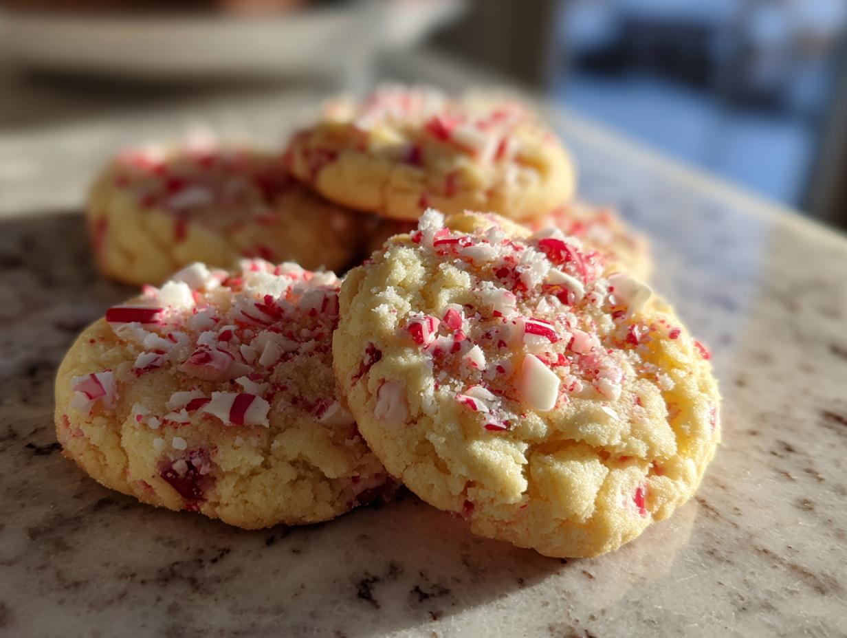 Close-up of delicious peppermint cheesecake cookies topped with crushed red and white candy canes.