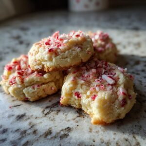 A close-up of a stack of delicious peppermint cheesecake cookies, topped with crushed candy canes.