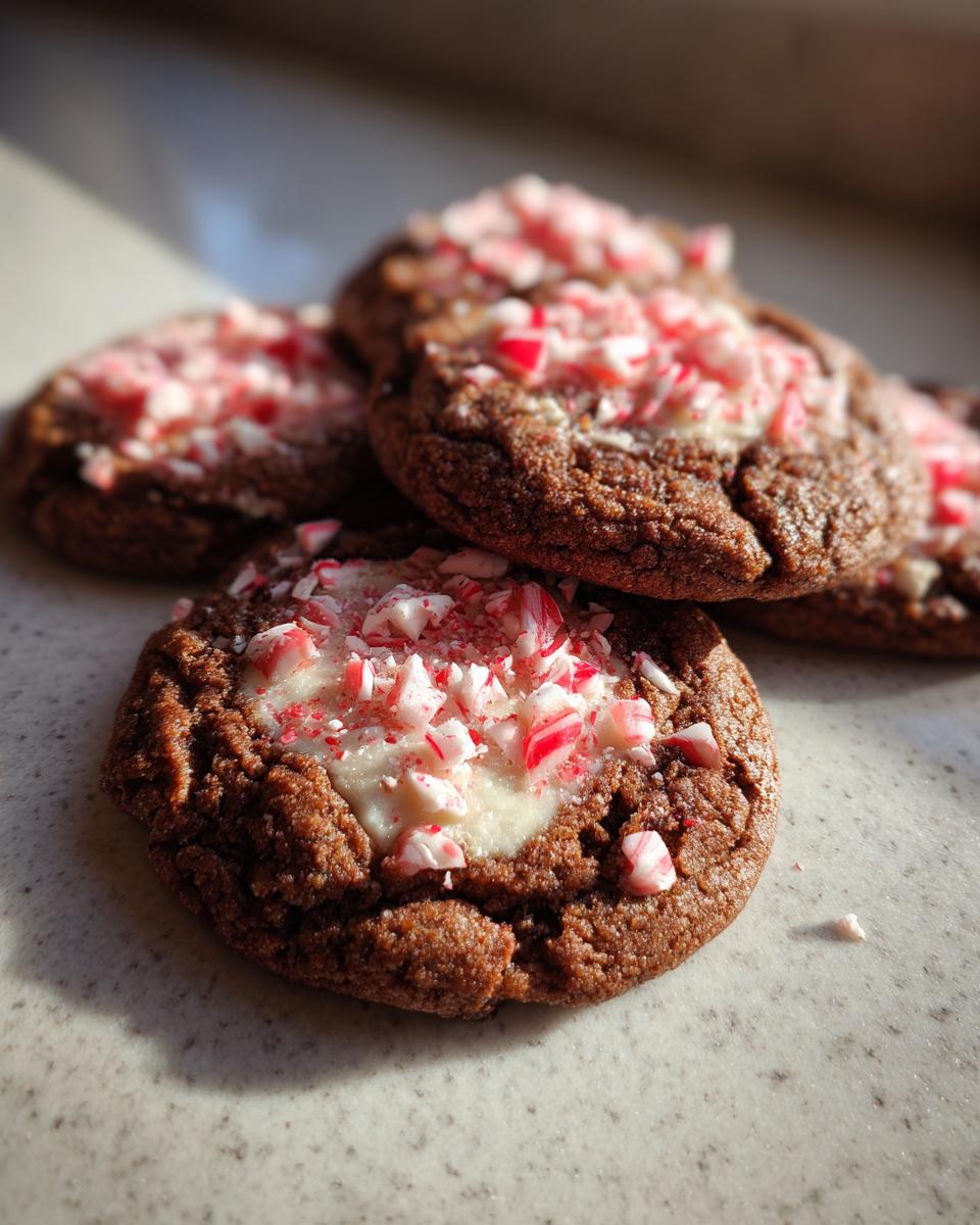 Close-up of chocolate peppermint cheesecake cookies topped with white frosting and crushed candy canes.