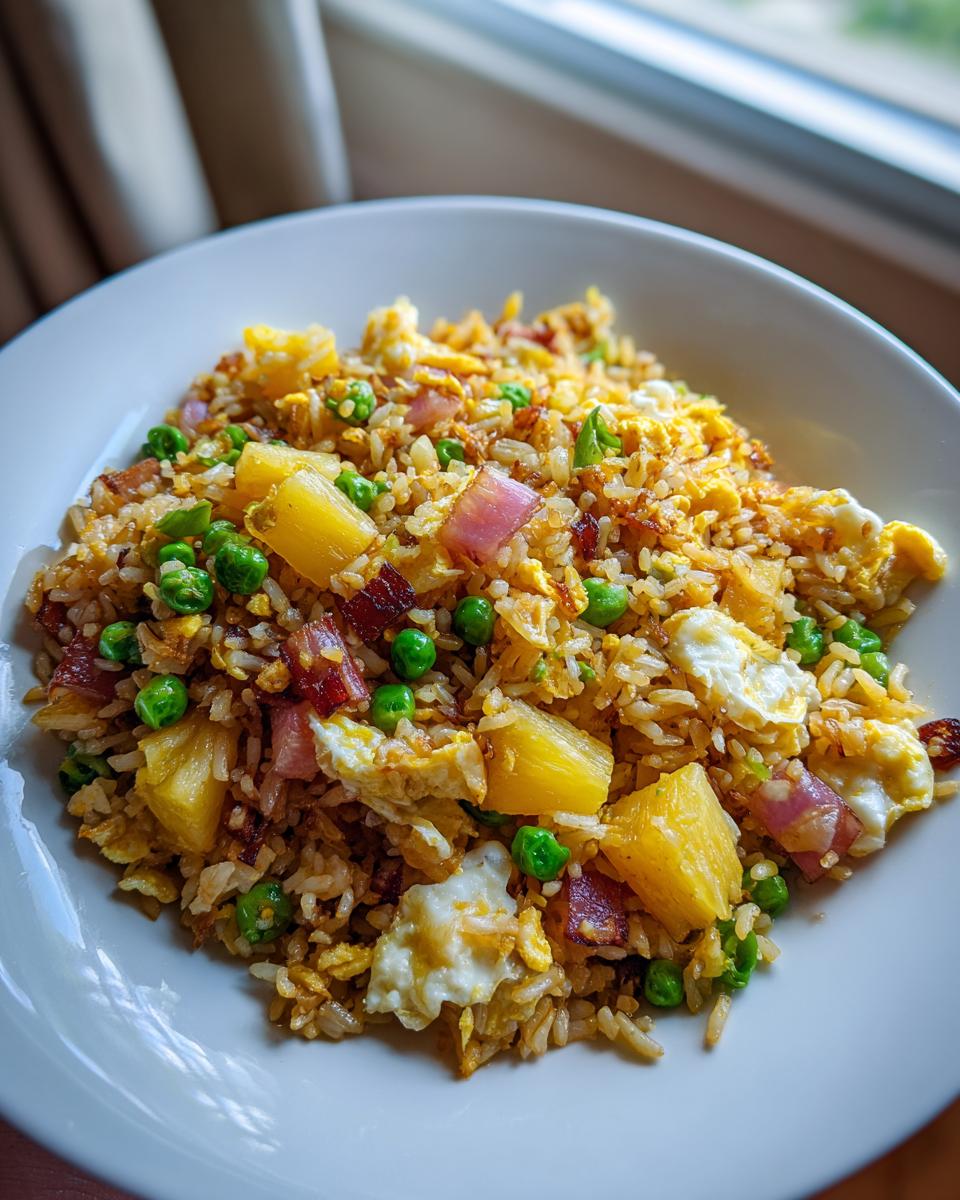 Close-up of vibrant pineapple fried rice featuring chunks of pineapple, peas, ham, and scrambled egg served in a white bowl.