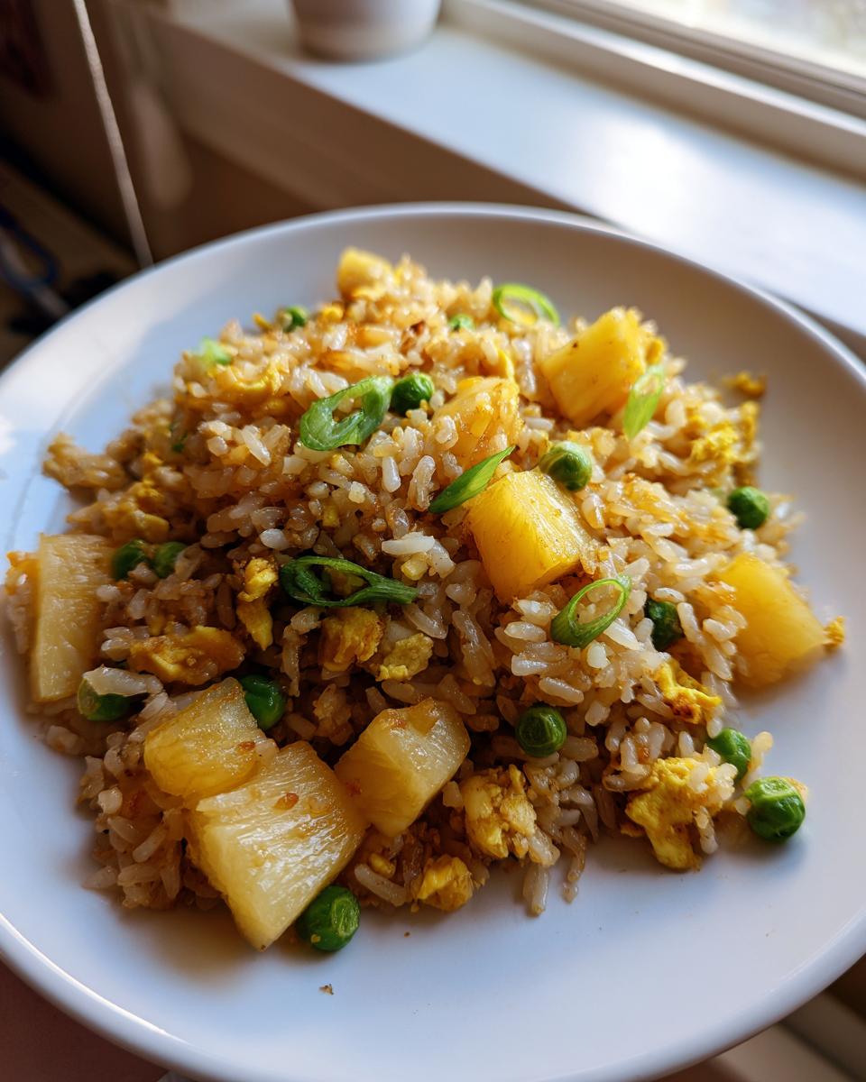 A close-up of homemade pineapple fried rice featuring chunks of pineapple, scrambled egg, and green peas, garnished with scallions.