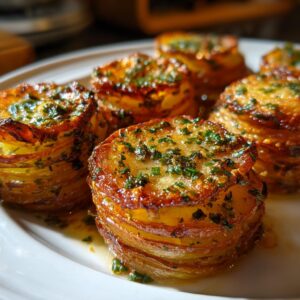 Close-up of crispy potato stacks with garlic herb butter and fresh parsley, served on a white plate.