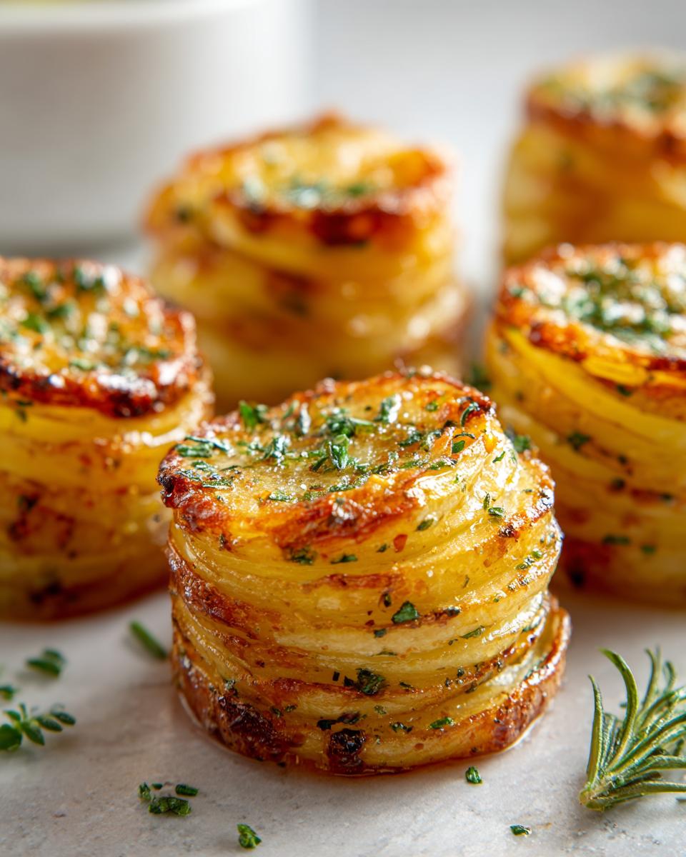 Crispy potato stacks with garlic herb butter and fresh parsley, a delicious side dish.