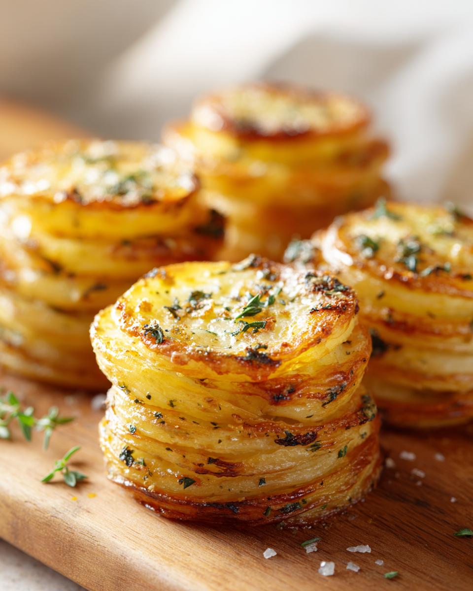 Close-up of golden potato stacks with garlic herb butter and fresh herbs, seasoned with sea salt.