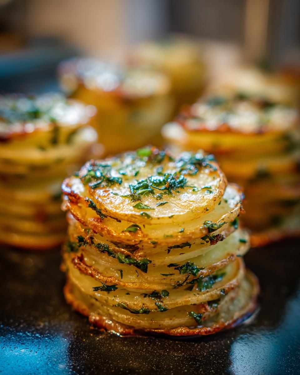 Close-up of golden-brown potato stacks with garlic herb butter and fresh parsley.