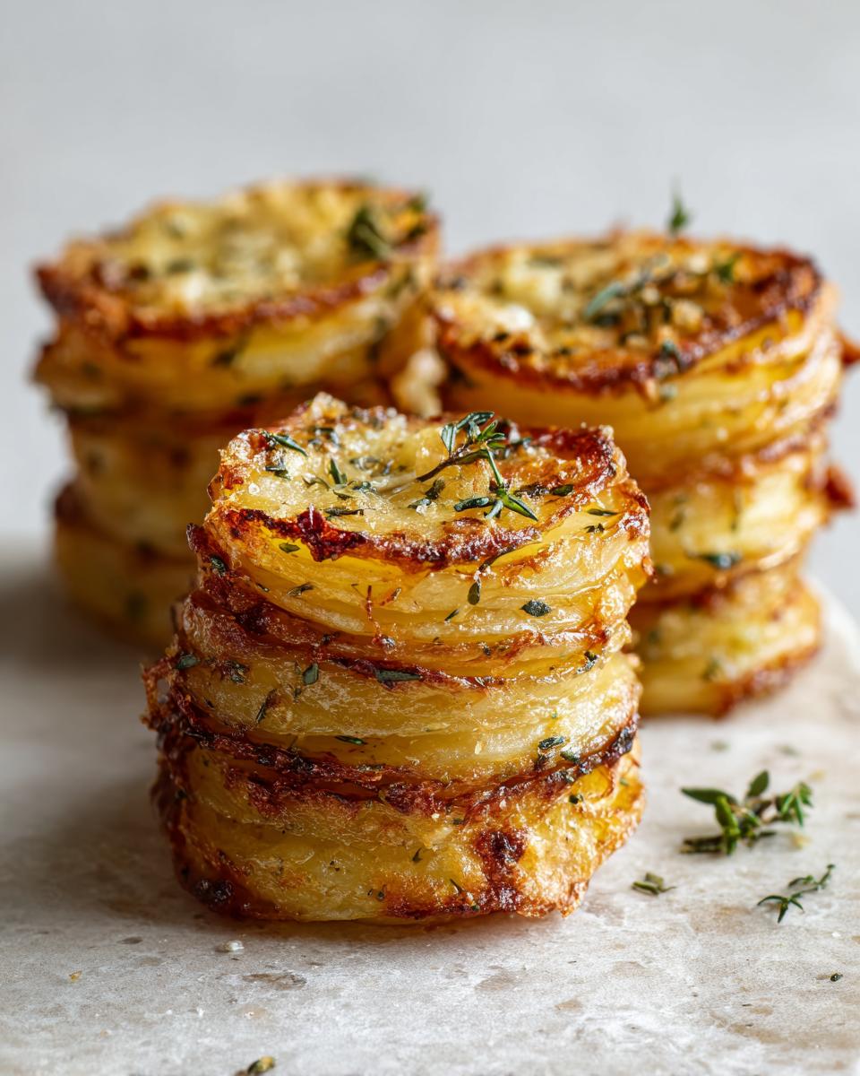 Close-up of golden-brown potato stacks with garlic herb butter, garnished with fresh thyme.