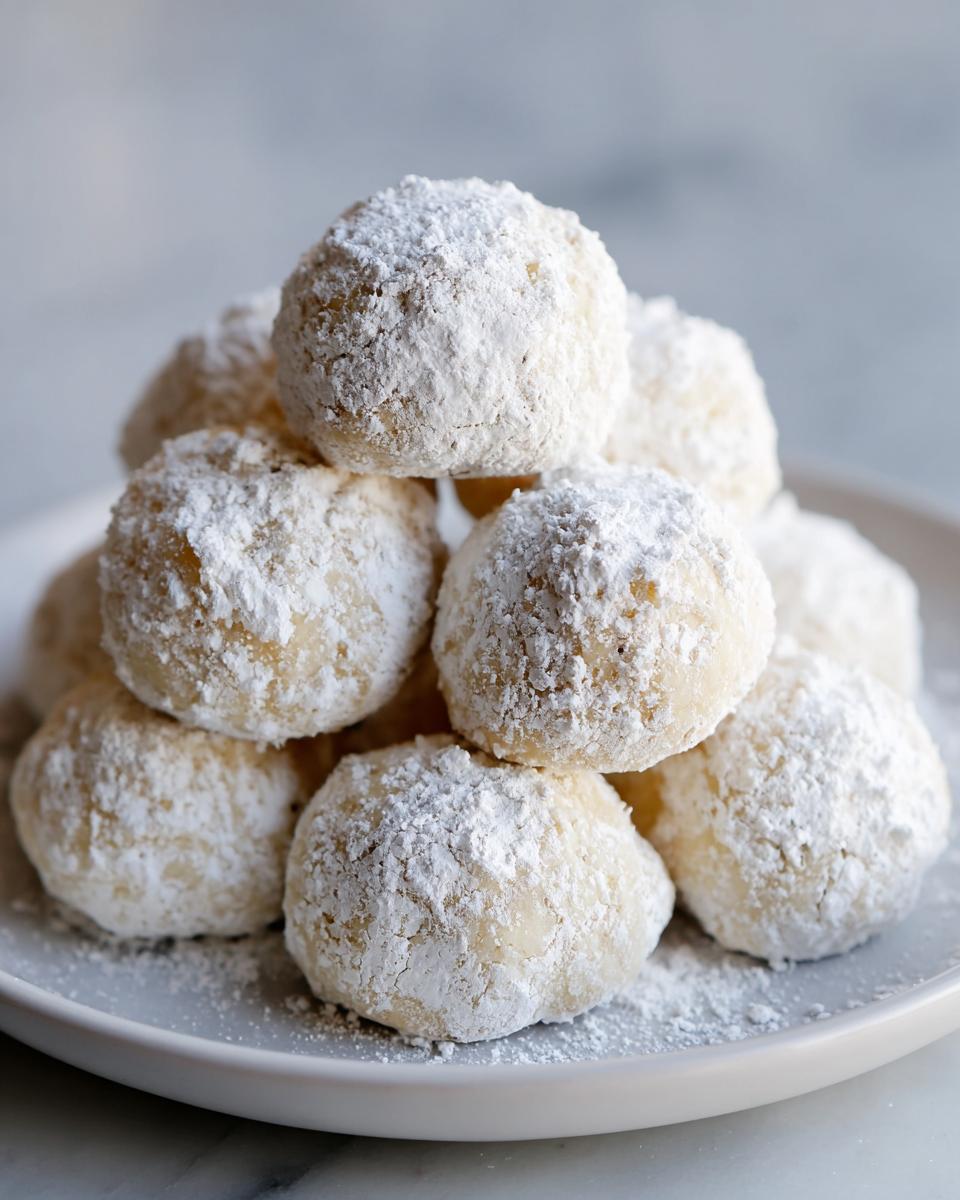 A close-up stack of freshly baked russian tea cakes heavily dusted with powdered sugar on a light plate.