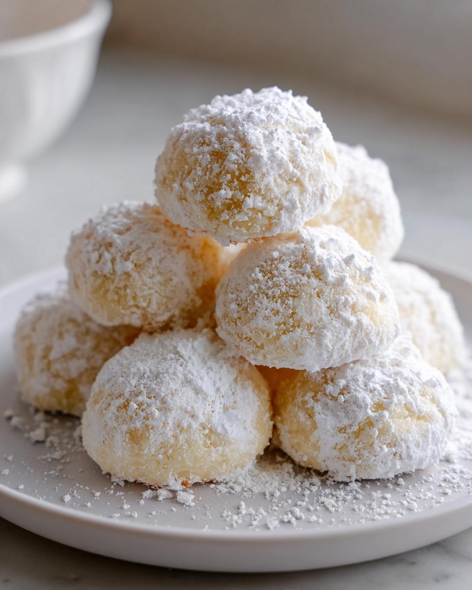 A close-up stack of buttery russian tea cakes heavily dusted with white powdered sugar on a light gray plate.