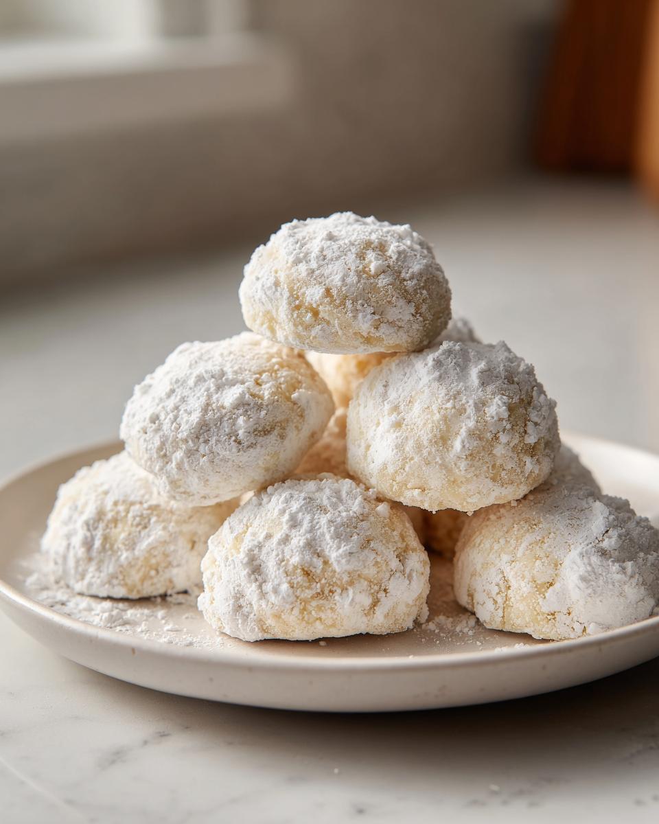 A close-up of several delicious russian tea cakes, heavily dusted with powdered sugar, stacked on a light ceramic plate.