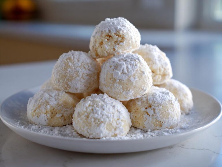 A tempting stack of freshly baked russian tea cakes heavily dusted with powdered sugar on a white plate.