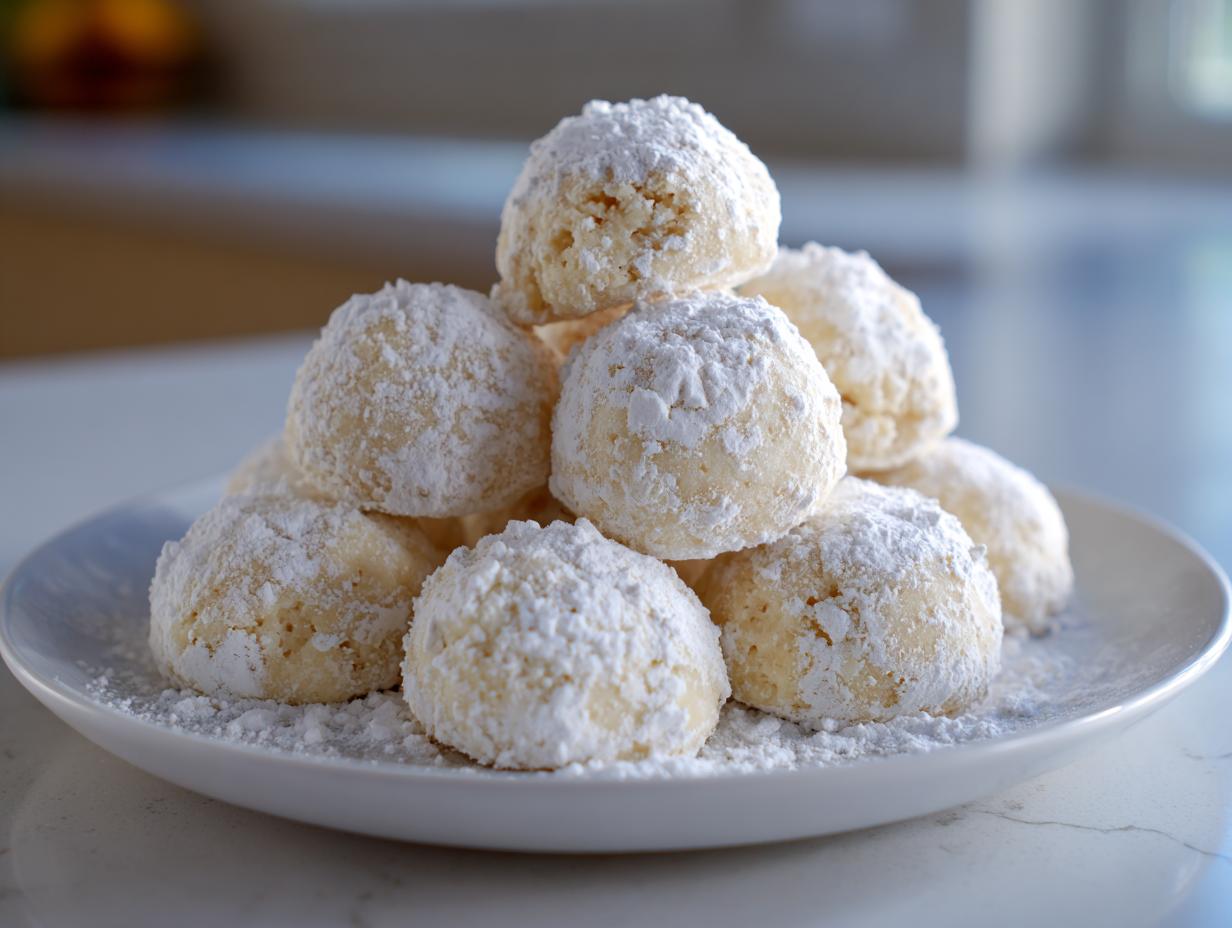 A tempting stack of freshly baked russian tea cakes heavily dusted with powdered sugar on a white plate.