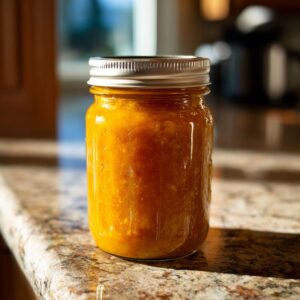A close-up of a glass jar filled with vibrant orange pumpkin butter, sealed with a silver lid.