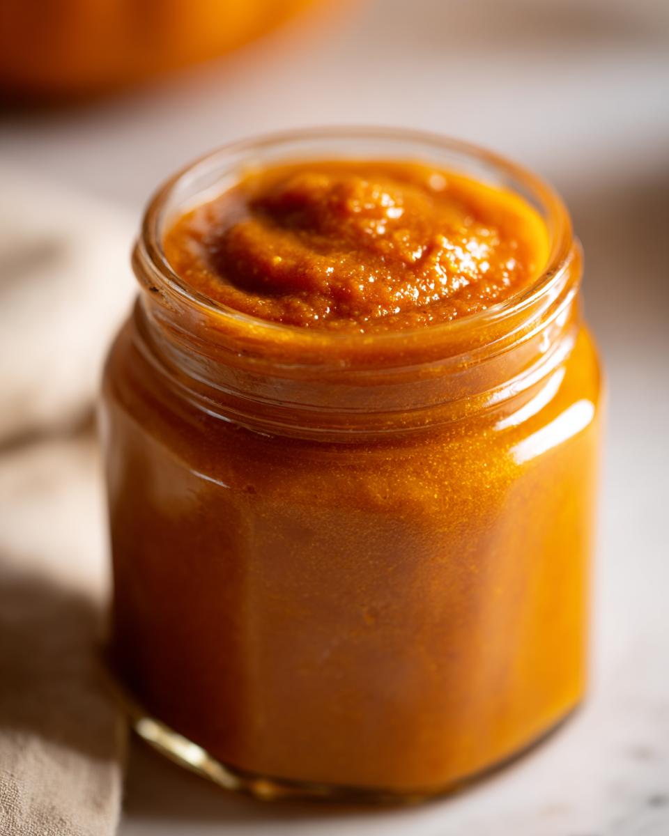 Close-up of a glass jar filled with rich, smooth pumpkin butter, a perfect fall staple.