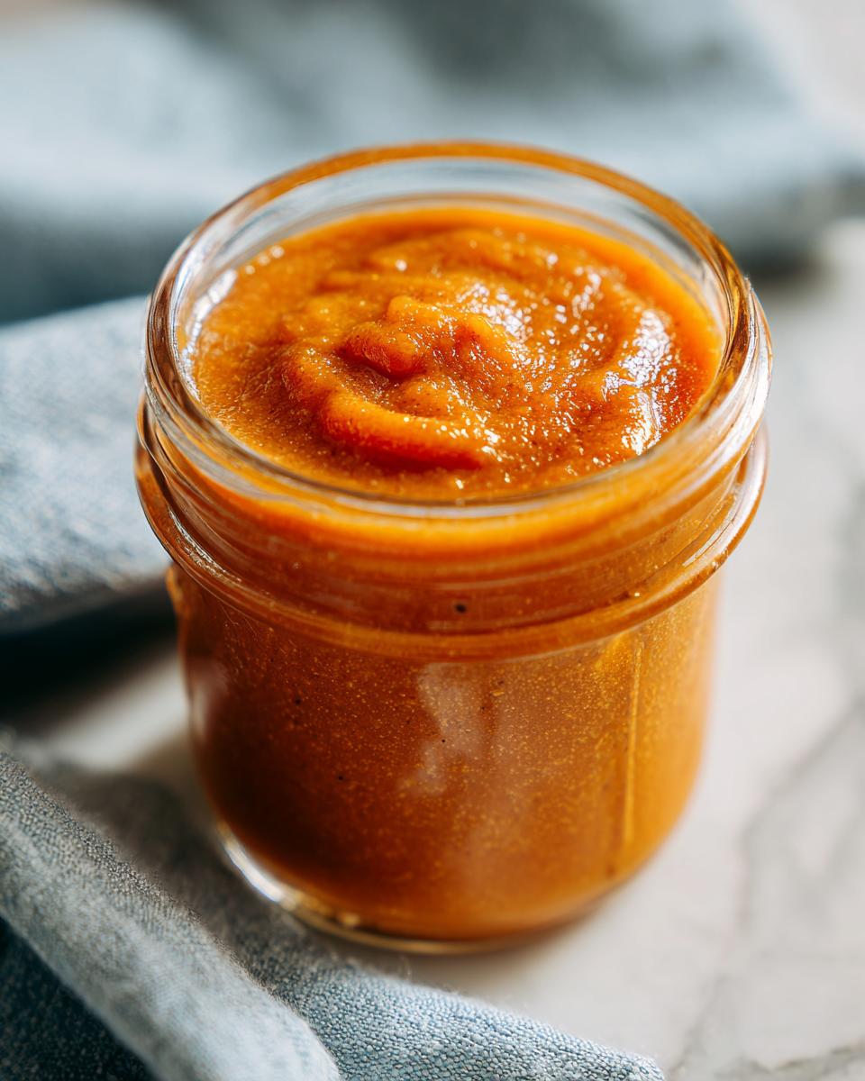 A close-up shot of a glass jar filled with rich, orange pumpkin butter, a cozy fall staple.