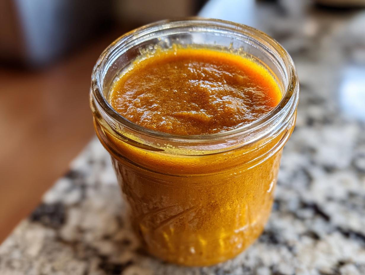 Close-up of a glass jar filled with rich, orange pumpkin butter, ready for spreading.