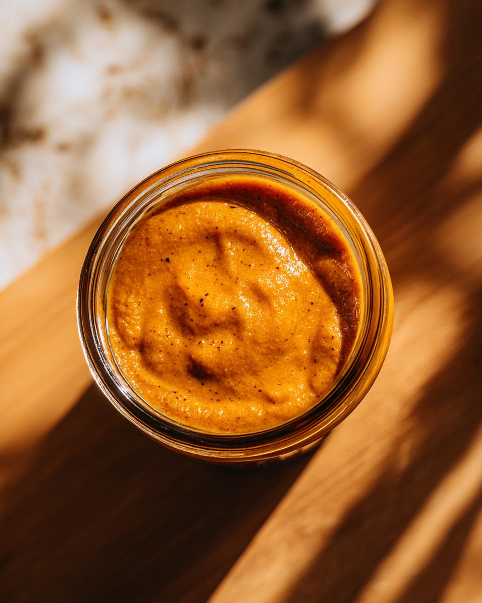 Overhead view of a glass jar filled with smooth, orange pumpkin butter, speckled with spices.