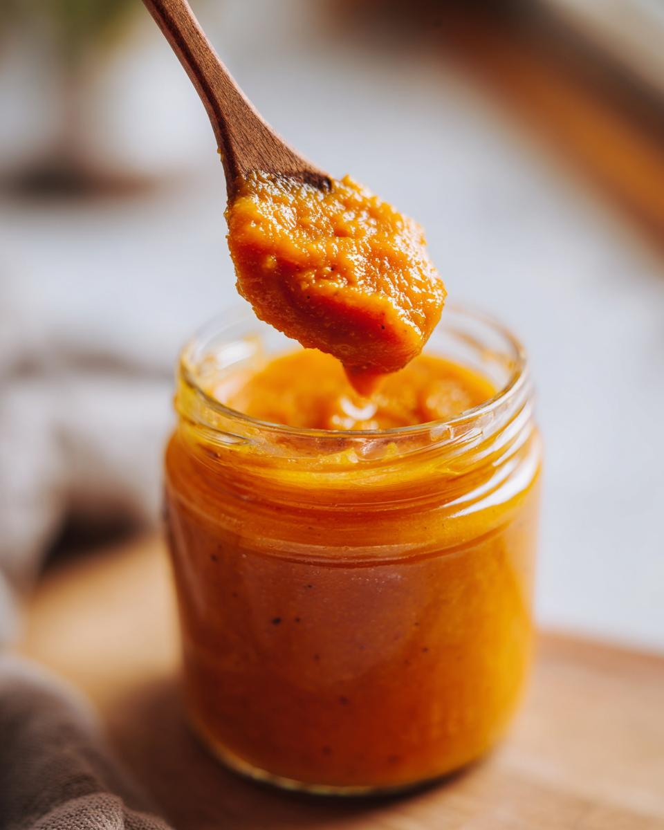 A wooden spoon lifts a dollop of rich, orange pumpkin butter from a glass jar.