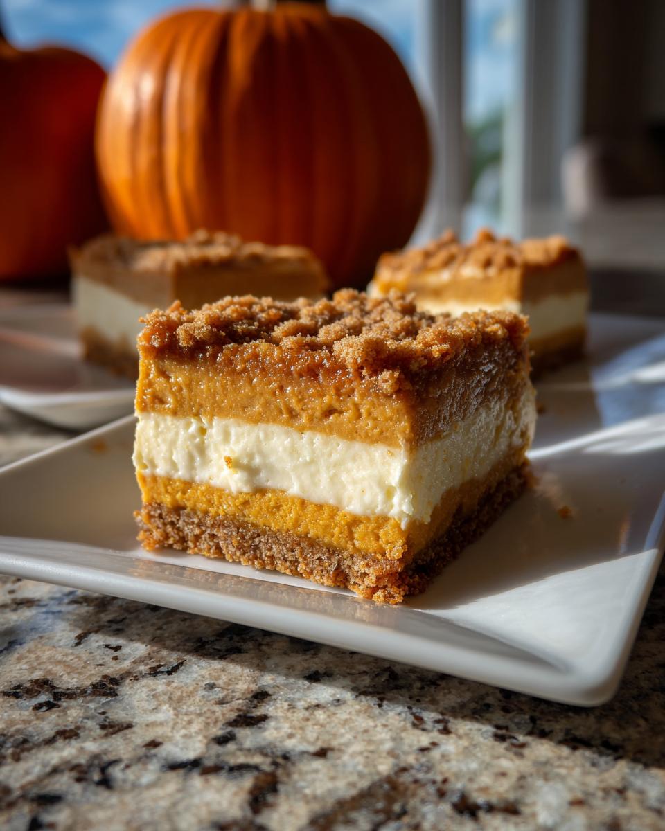 Close-up of a layered pumpkin cheesecake bar with a graham cracker crust and crumble topping.