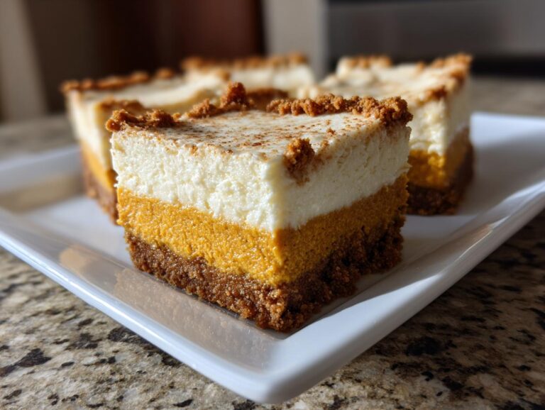 Close-up of layered pumpkin cheesecake bars with a graham cracker crust and creamy white topping.