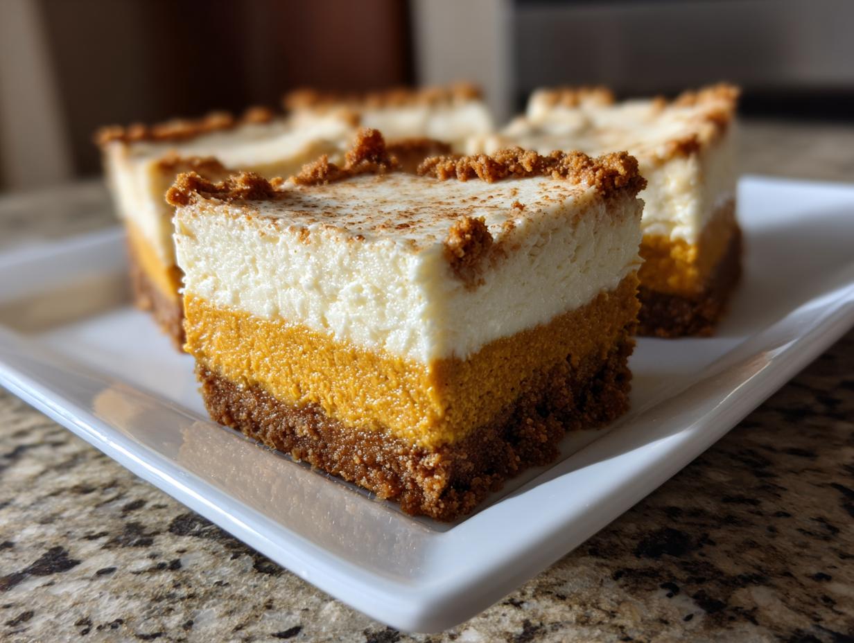 Close-up of layered pumpkin cheesecake bars with a graham cracker crust and creamy white topping.
