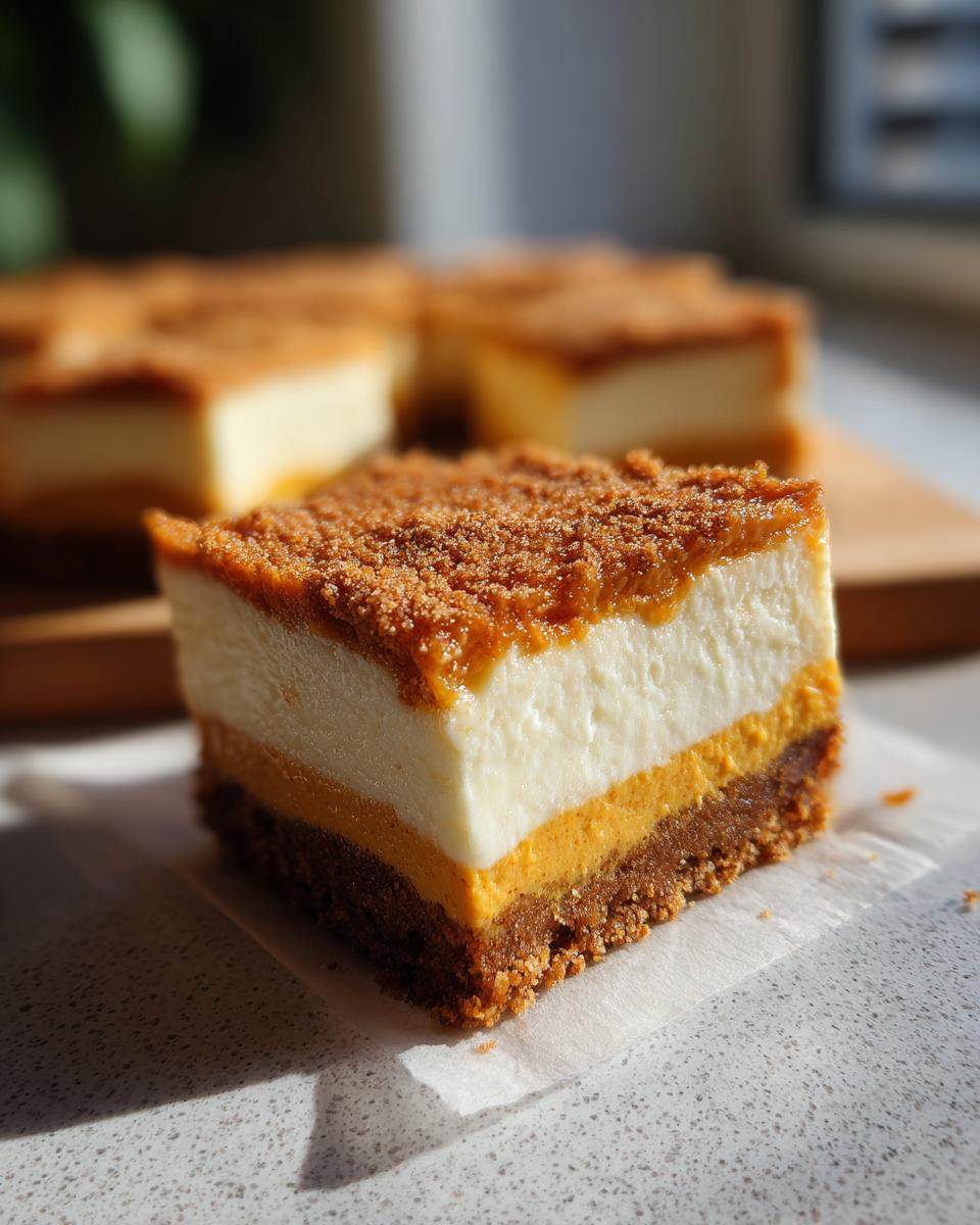 A close-up of a layered pumpkin cheesecake bar, showcasing the graham cracker crust, pumpkin layer, cheesecake layer, and crumb topping.